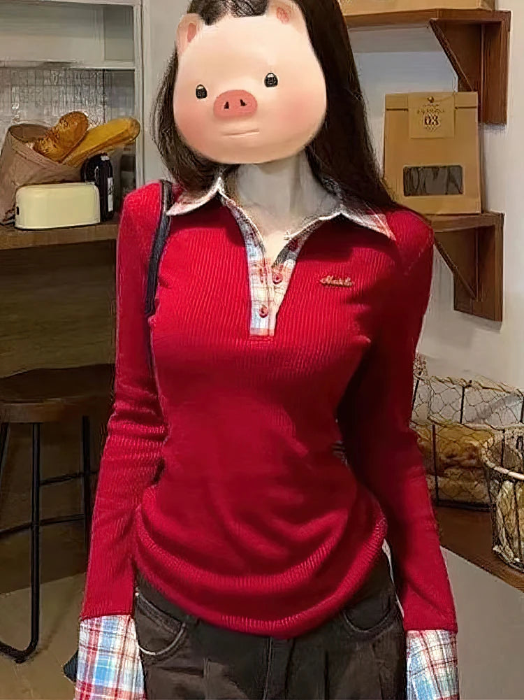 Women’s Preppy Plaid Knit Top – False Two-Piece Polo Neck T-Shirt