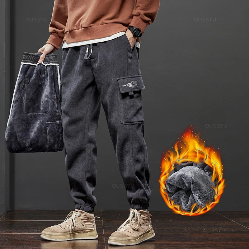 Men’s Winter Fleece Corduroy Cargo Pants – Thick Warm Work Trousers
