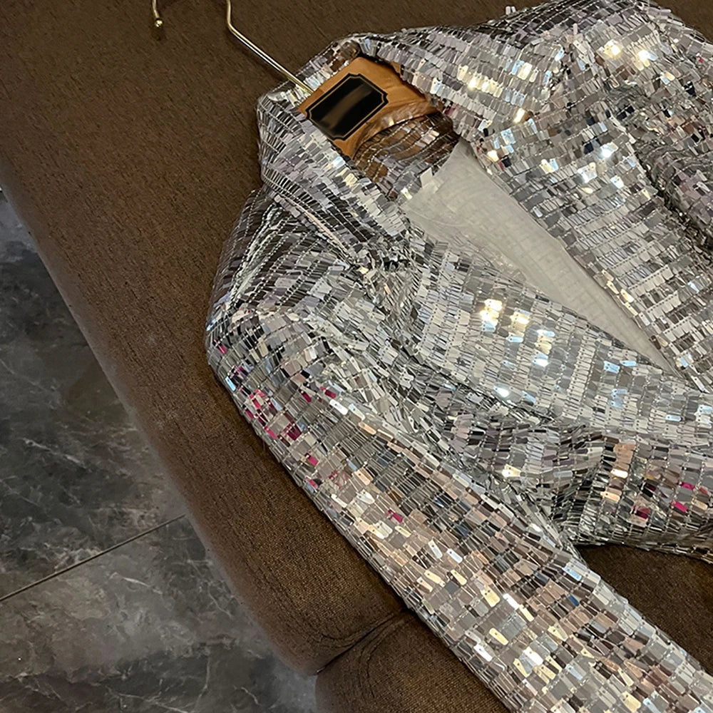 Silver Sequin 2-Piece Set for Women – Elegant Lapel Long Sleeve Top & High Waist Pants