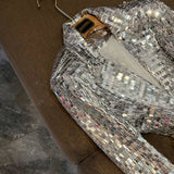 Silver Sequin 2-Piece Set for Women – Elegant Lapel Long Sleeve Top & High Waist Pants