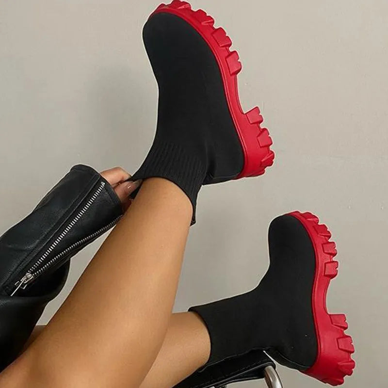 Damen-Strick-Plateau-Stiefeletten – Winterwarme kurze Sockenstiefel
