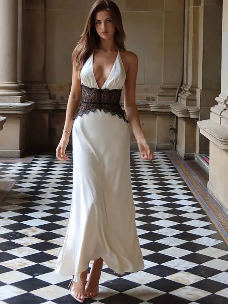Women’s Sexy Deep Neck Lace Halter Maxi Dress – Backless Patchwork Evening Gown