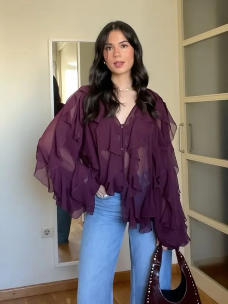 Women’s Elegant V-Neck Blouse – Single-Breasted Long Sleeve Shirt