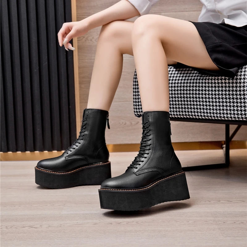 Damen-Stiefeletten aus echtem Leder – Kurzschaftstiefel mit Plateauabsatz