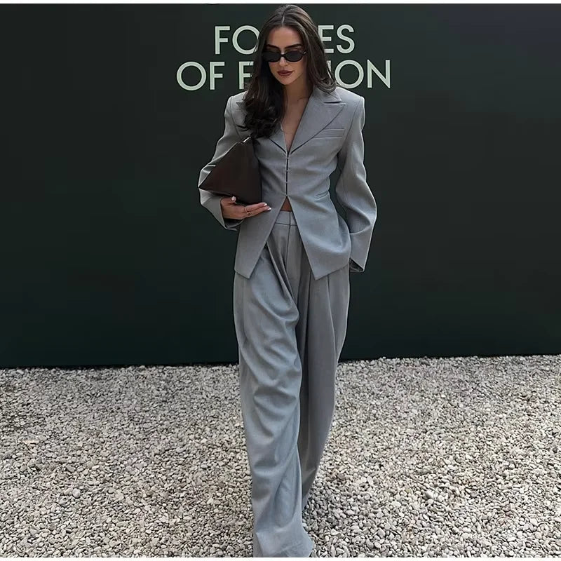 V-Neck Blazer & Wide-Leg Pants Set | Women’s Single-Breasted Pocket Jacket & Trousers