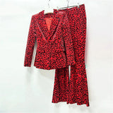 Women's Velvet Leopard Suit Set – 2-Piece Slim Fit Animal Print Tuxedo – Luxury One-Button Blazer & Flare Pants Set