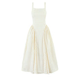 Lace-Up Bandage Plaid Sling Dress – Women’s Elegant Square Neck Low Waist A-Line Midi
