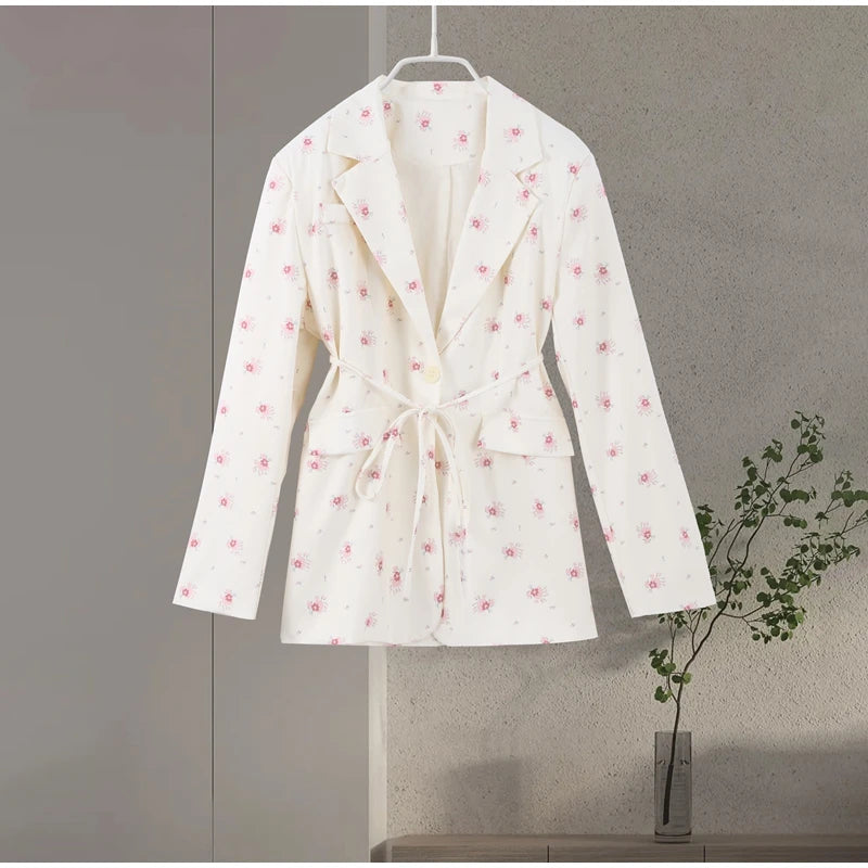 Elegant Flower Printed Coat Women's Lapel Single Button Long Sleeve Lace Up Blazer