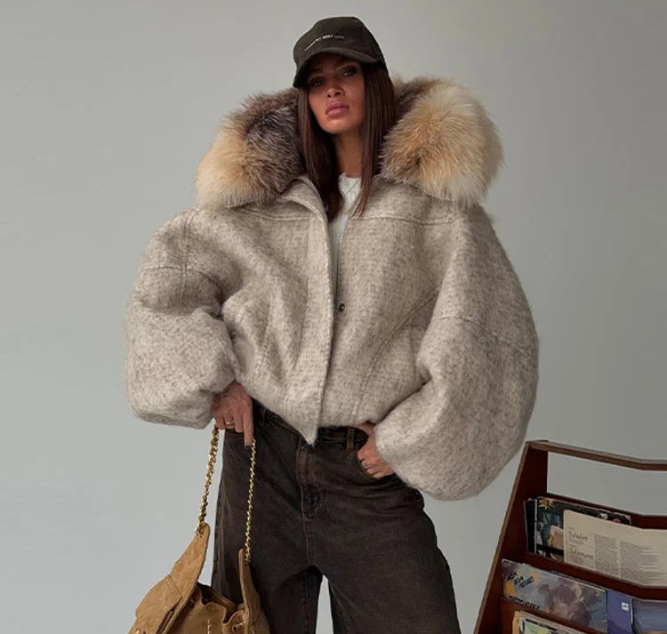 Women's Vintage Plush Hooded Coat – Short Wool Blend Party Jacket