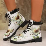 Damenbedruckte Schnürstiefeletten – Retro Runde Zehen Vintage Blumen Niedriger Absatz Chelsea Boots