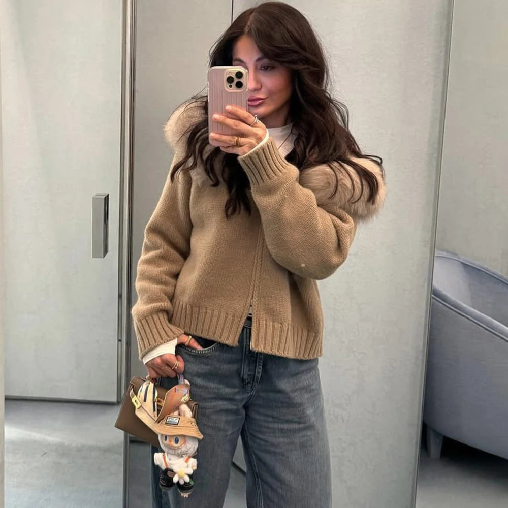Women’s Winter Fluffy Hoodie Cardigan – Zipper Patchwork Knit Jacket