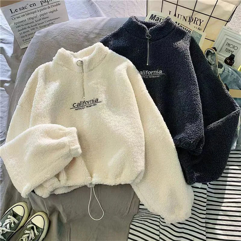 Women's Trendy Lamb Wool Long Sleeve Hoodie | Plush Embroidered Versatile Top