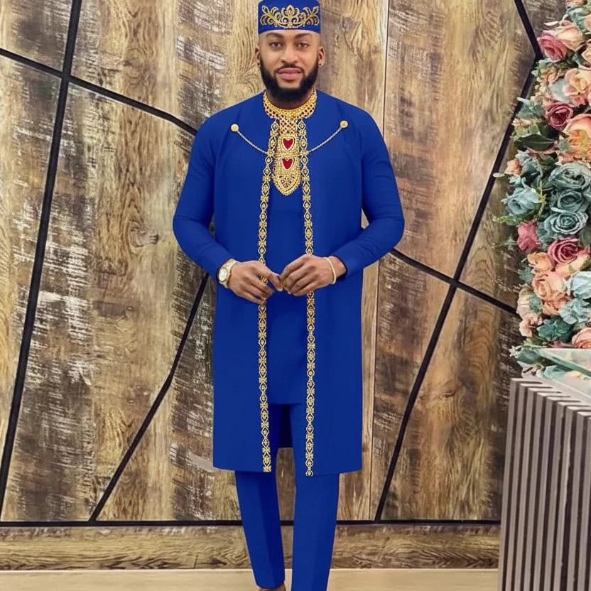 Herren 4-teiliges Agbada-Set – Besticktes Gewand, Hemd, Hose und Mütze, traditioneller Dashiki Hochzeitsanzug