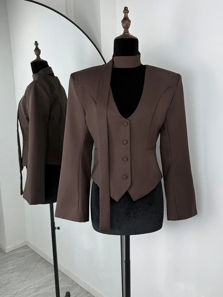 Women's Scarf-Neck Blazer Coat – Single-Breasted Waist-Cinching Jacket