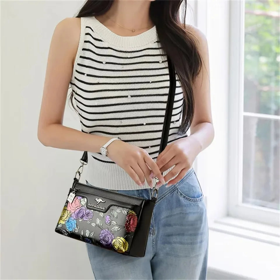 Damen-Umhängetasche mit Blumenmuster | Hochwertige Crossbody-Tasche aus Leder
