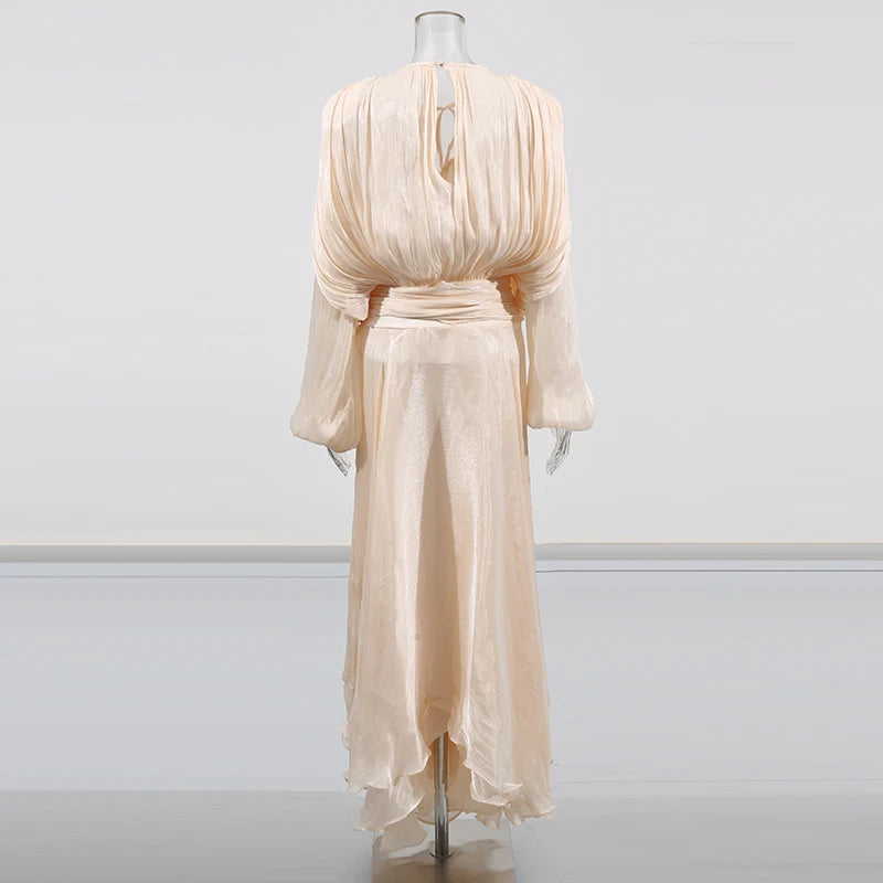 Women’s Elegant Spliced Fold Dress – Solid Loose Patchwork Midi, Round Neck Long Sleeve Lace-Up Dress