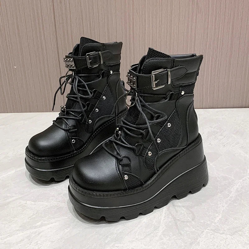 Women’s Gothic Belt Buckle Platform High Wedge Zip Punk Cosplay Ankle Boots