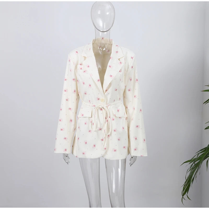 Elegant Flower Printed Coat Women's Lapel Single Button Long Sleeve Lace Up Blazer