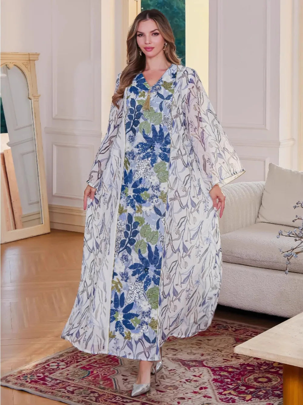 Die „Zahra“ Blumen-Abaya: Atemberaubender Kaftan im marokkanischen Stil mit Print & Dubai Robe