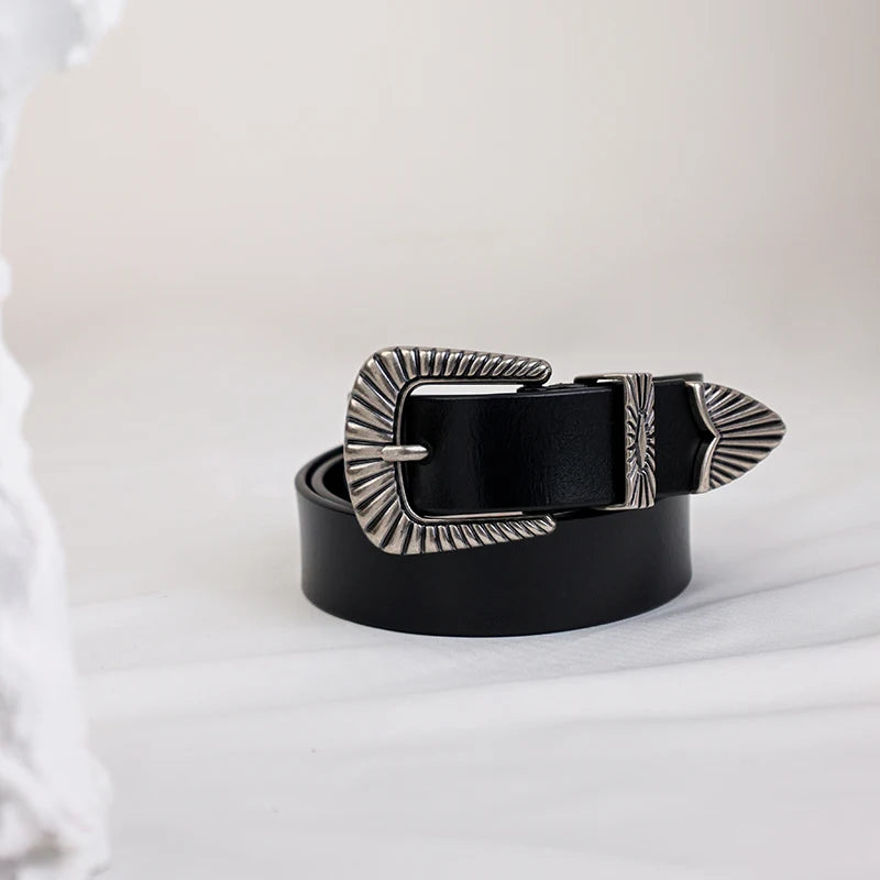 Western Women's Genuine Leather Belt – Classic Metal Pin Buckle Waistband
