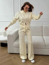 Women’s 2-Piece Ribbed Knit Lounge Set – Trendy Slim Fit Cardigan & Wide Leg Trousers