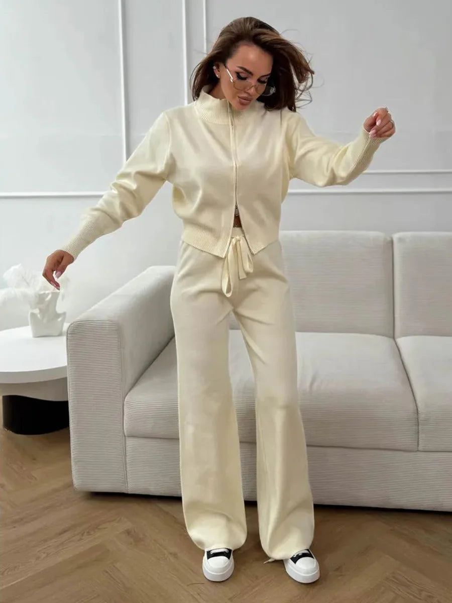 Women’s 2-Piece Ribbed Knit Lounge Set – Trendy Slim Fit Cardigan & Wide Leg Trousers