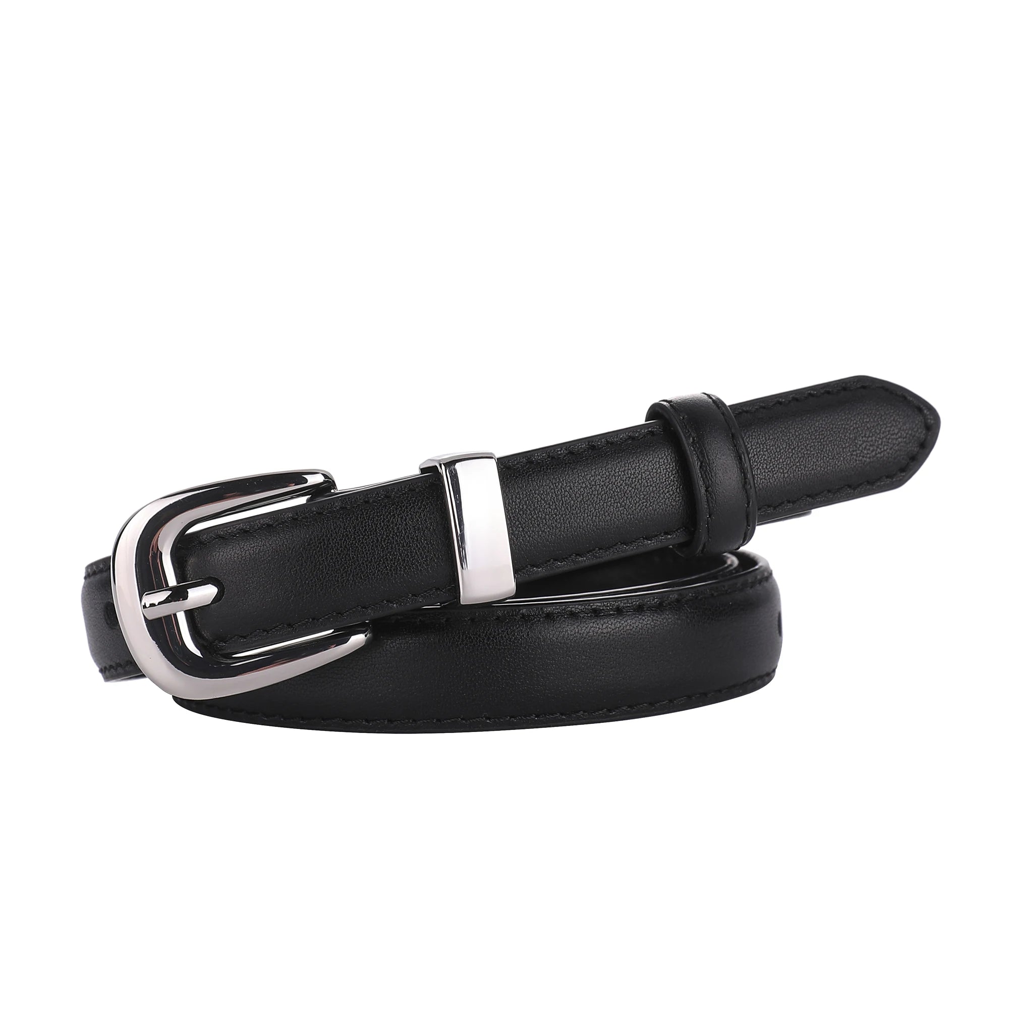 Women's Classy Skinny Belt – Bonded Leather Casual Waistband with Shiny Metal Buckle