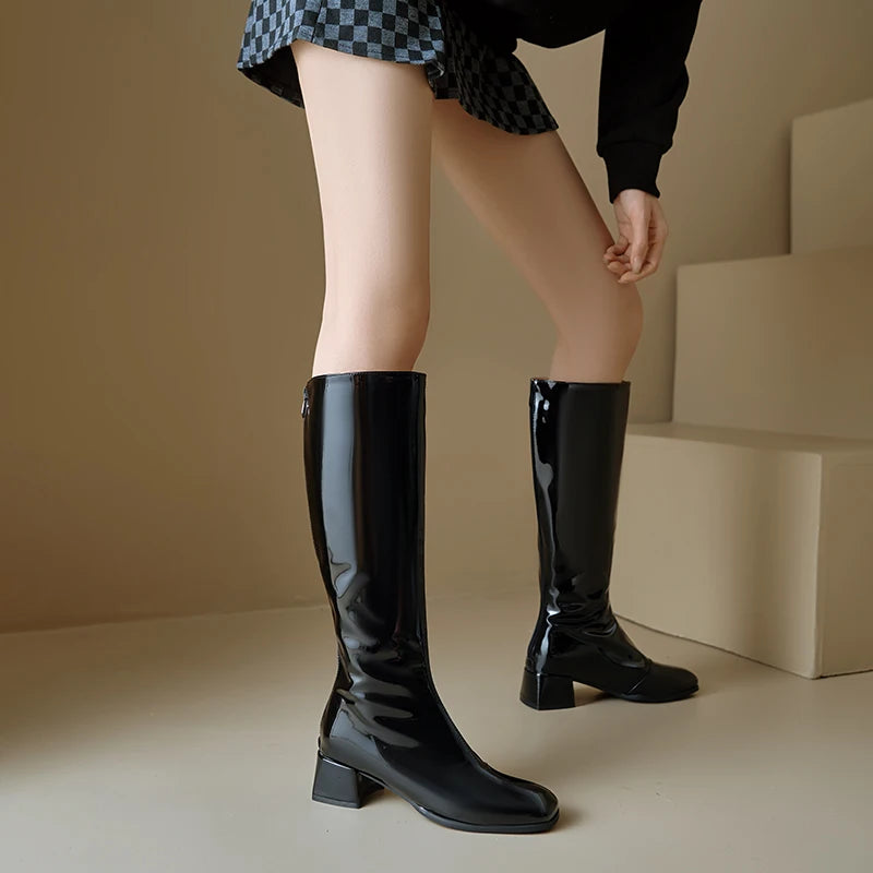 Damen kniehohe Stiefel – Winterstiefel mit niedrigem Absatz