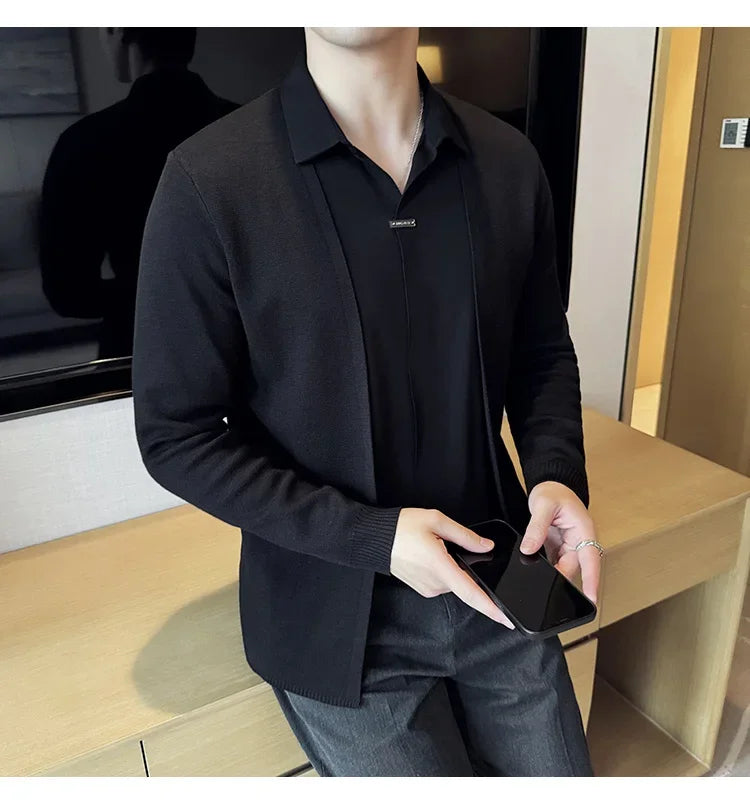 Men’s Autumn Fake 2-Piece Knitted Cardigan – Traceless Shirt Collar Spliced Pullover