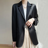 Korean Fashion V-Neck Loose Top Blazer: Single Button Silk Satin Suit Jacket