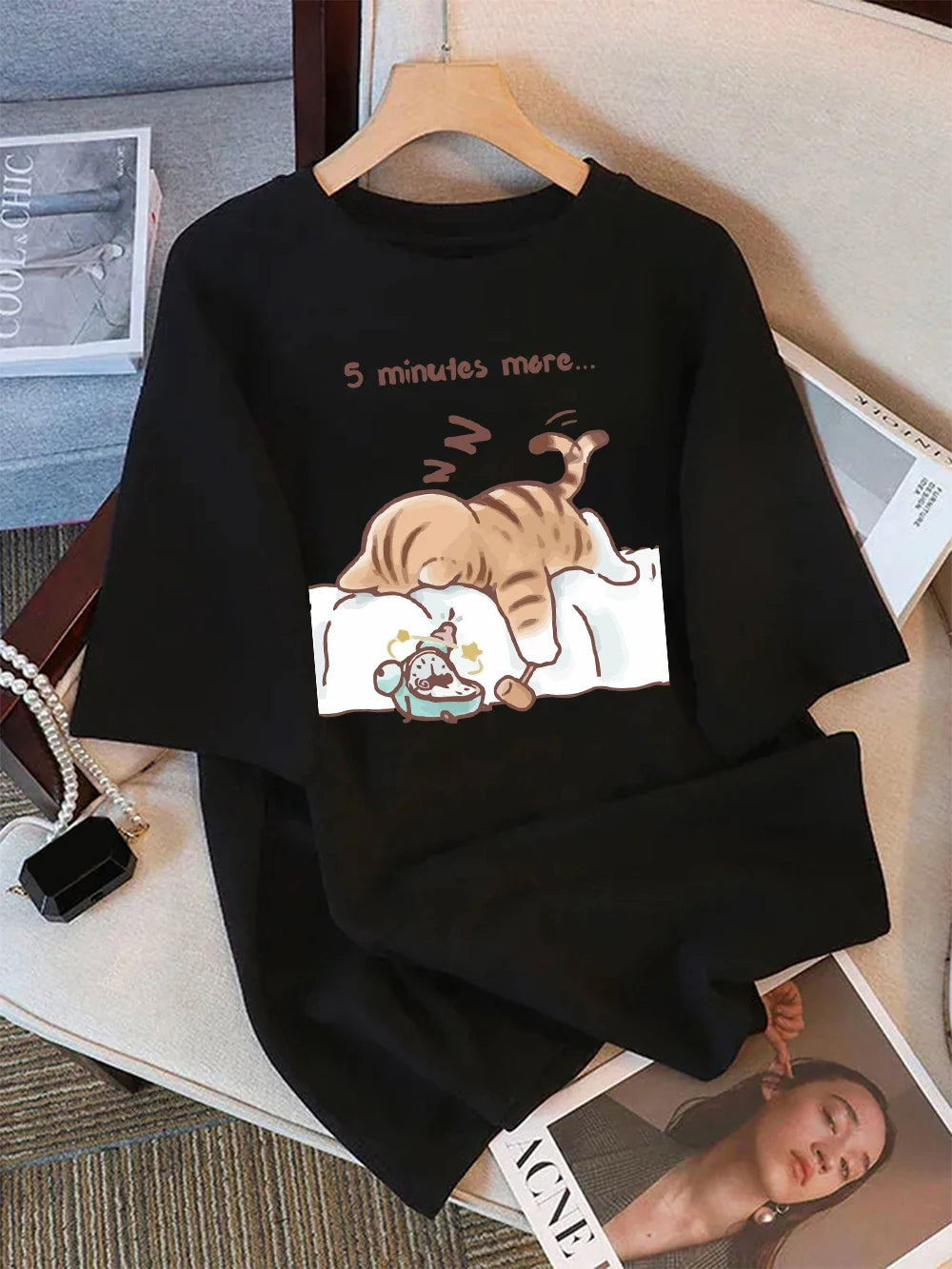 The "Always Tired" Cat Women's Tee: 100% Cotton Loose Fit Top with Minimalist Sleeping Cat Print