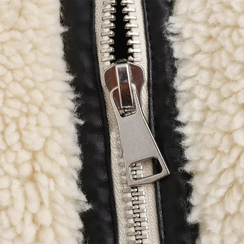 The Aspen Aviator: Beige Integrated Artificial Fur Moto Jacket – European Luxury Faux Fur Biker Coat