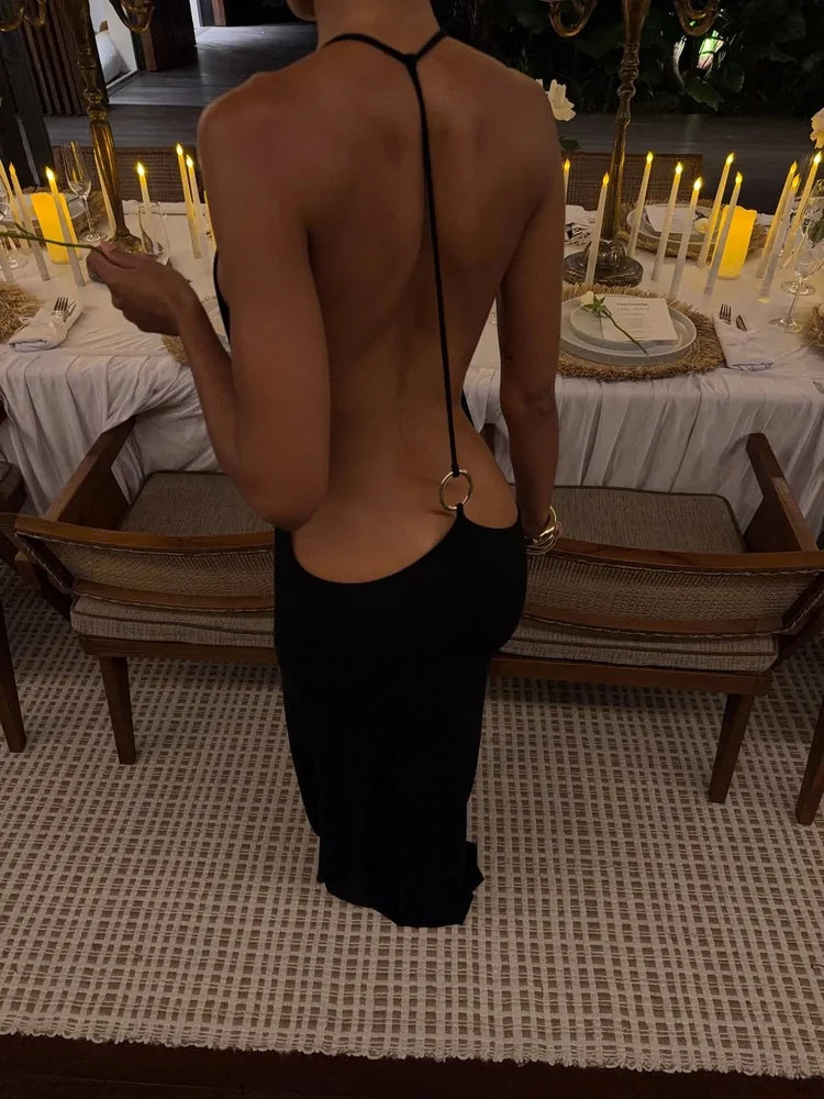 Women’s Gold Ring Halter Backless Maxi Dress