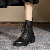 Damen Stiefeletten aus echtem Leder mit dickem Plateau-Absatz – Retro-Schnürstiefel mit runder Kappe