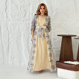 Muslim Women’s 2-Piece Abaya Set for Eid | Embroidered Open Cardigan and Lace-Up Inner Dress