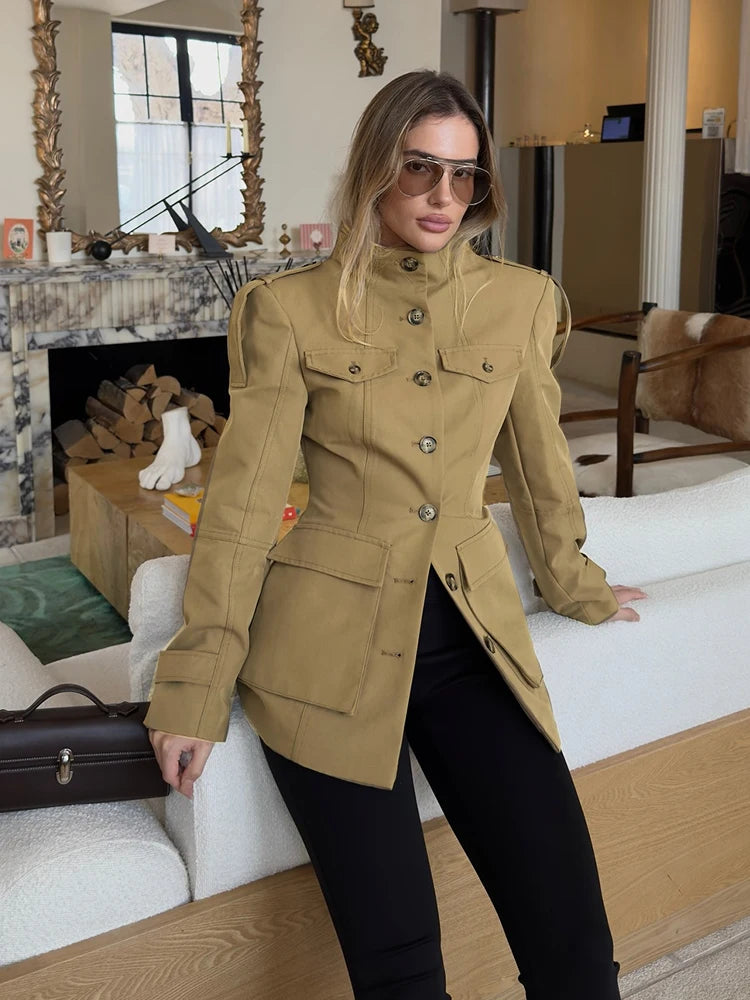 Women’s Khaki Elegant Stand Collar Trench Coat – Y2K Long Sleeve Waist-Defined Jacket