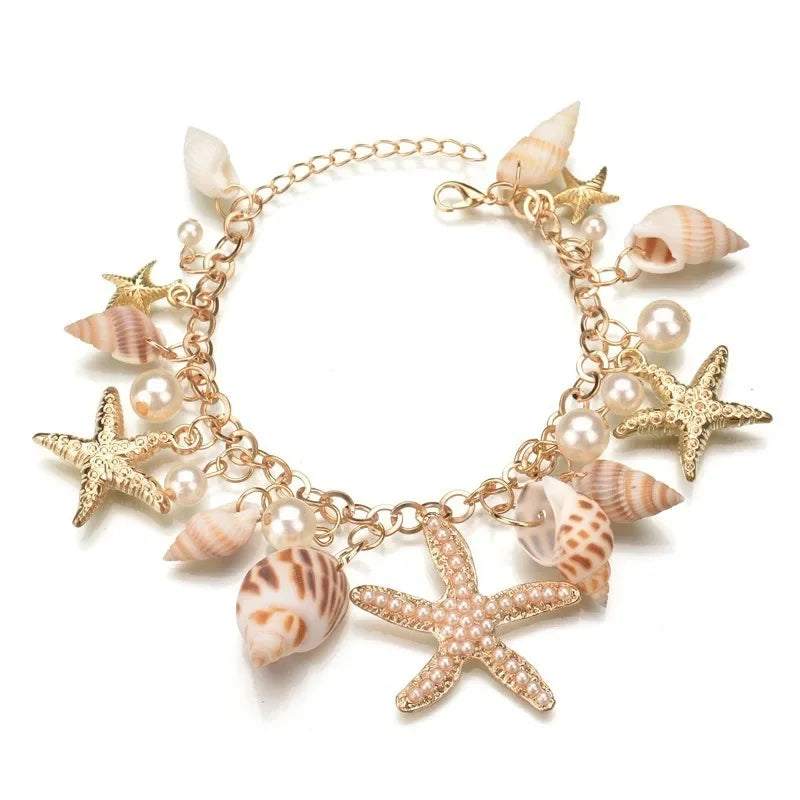 Seestern- und Muschel-Charm-Armband für Damen – Naturperle & Muschel-Sommerstrand-Schmuck
