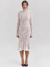 Elegant White Lace Long Sleeve Midi Dress – Women’s Half High Collar Bodycon