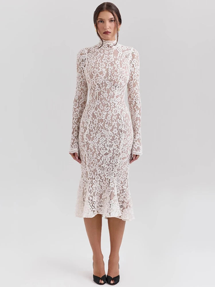 Elegant White Lace Long Sleeve Midi Dress – Women’s Half High Collar Bodycon