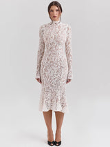 Elegant White Lace Long Sleeve Midi Dress – Women’s Half High Collar Bodycon