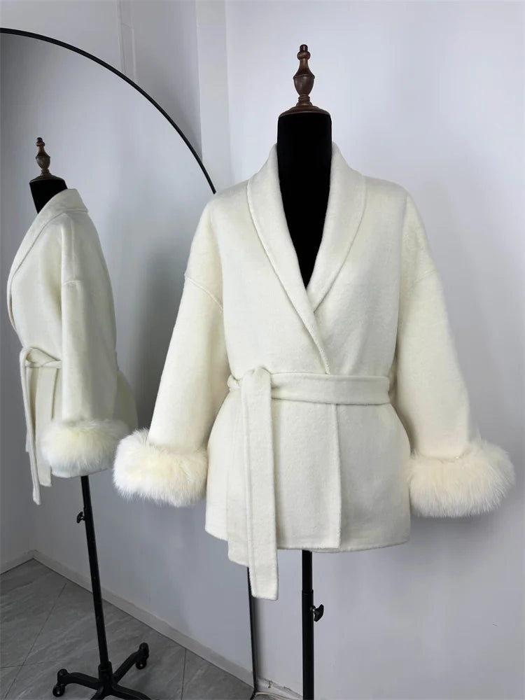 Luxuriöser Fuchsfell-Woll-Wintermantel für Damen – Eleganter doppelseitiger Wollmantel für Frauen,