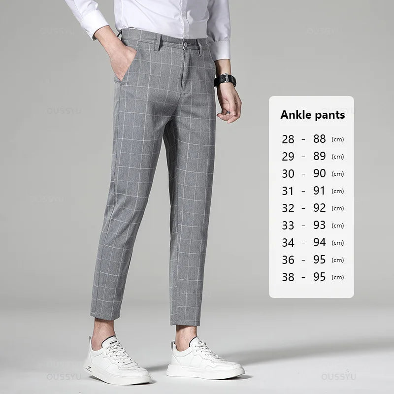 Men’s High-Quality Plaid & Stripe Trousers – Business Formal Suit Pants, Ankle & Full Length Straight Slacks
