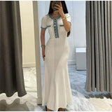 Elegant Knit Contrasting Maxi Dress O-Neck Short Sleeve Metal Button Office Lady Robe