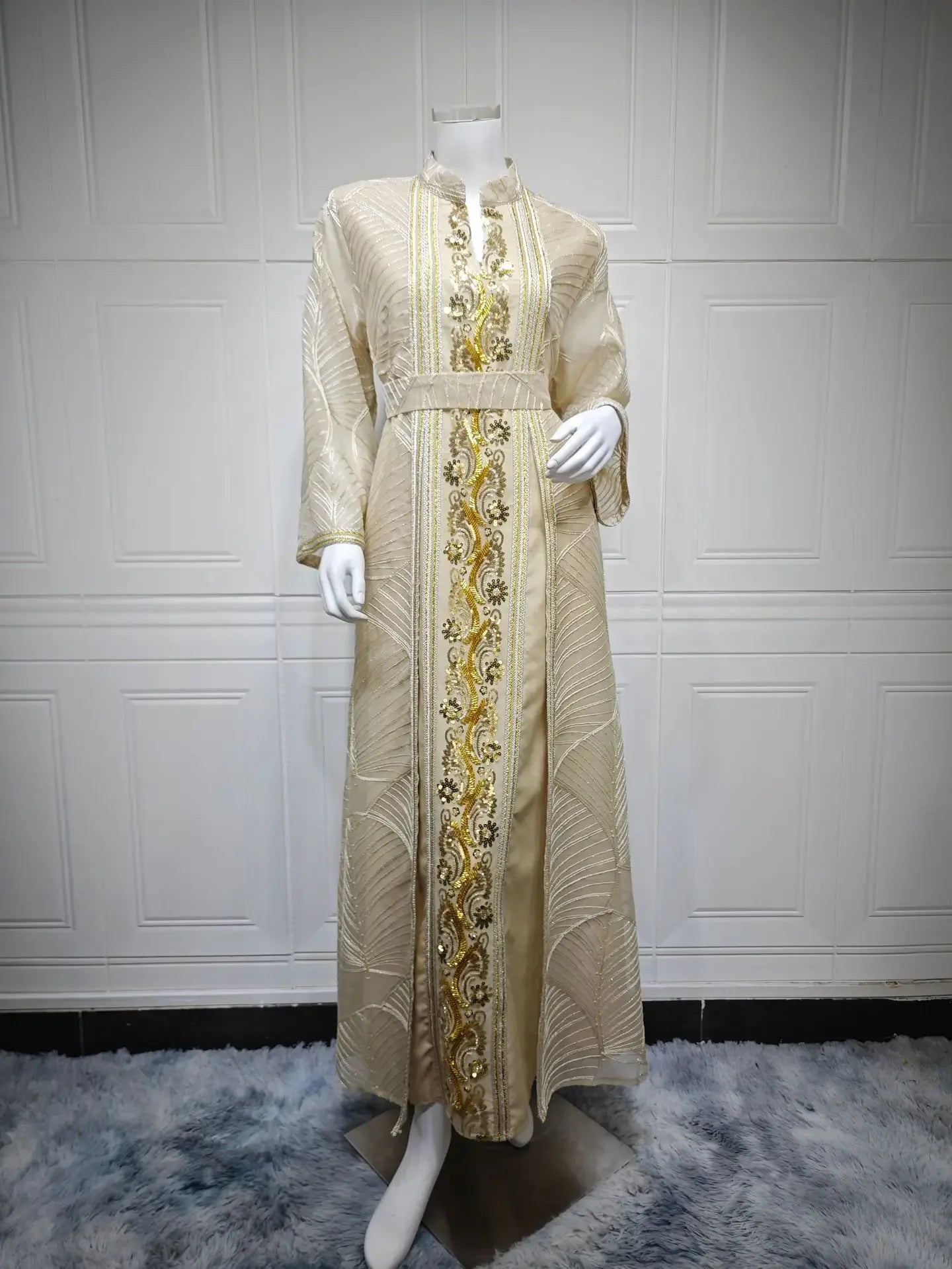 Women’s Mesh Sequin Abaya Dress | Elegant Embroidered Eid Party Gown