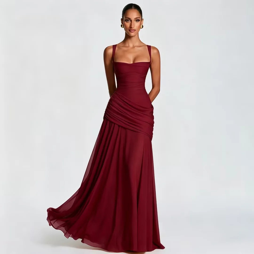 Women’s Solid Square Neck Pleated Sling Dress
