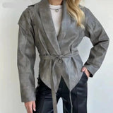 Women's Vintage Leather Jacket – Padded Shoulder High Waist Leather Coat with Belt