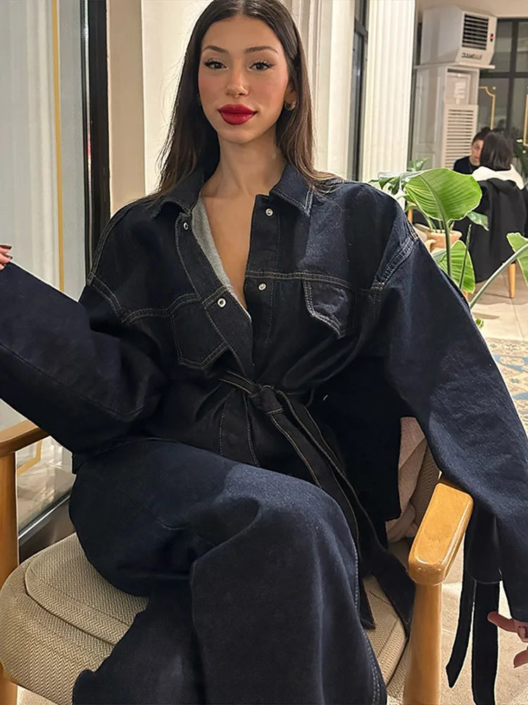 Women’s 2-Piece Denim Long Pants Suit – Y2K Lace Up Lapel Jacket & Straight Leg Jeans Set