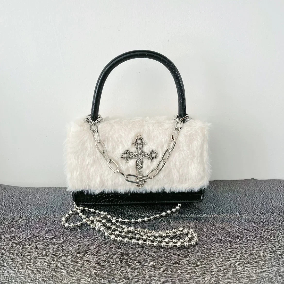 Die Plüsch-Vault Silhouette Gothic Kreuz Applikation Handtasche