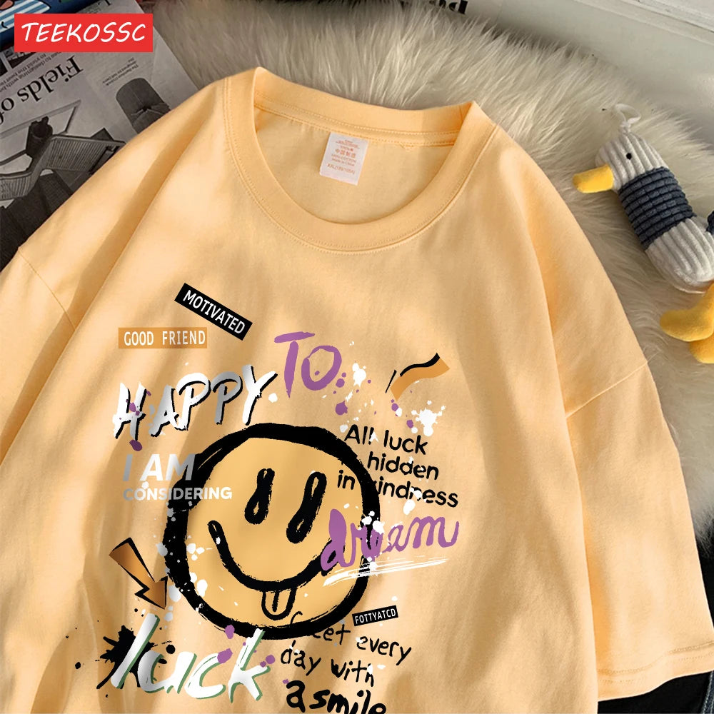 Cute Smiling Face Graffiti T-Shirt - Women's Fun Graphic Cotton Tee