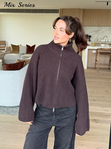 Women’s Casual Turtleneck Ribbed Sweater – Loose Full Sleeve Zipper Cardigan